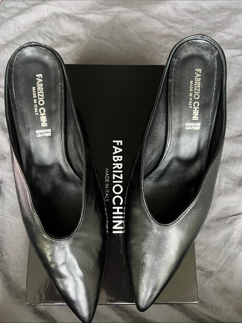 Black Leather Pointed Wedge Mules made in Italy